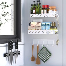 FullyWarms Magnetic Spice Rack for Refrigerator,4 Pack Metal Magnetic Shelf White with Hooks,Magnetic Knife Rack & 4 Hooks,Heavy Duty Space Saving Storage for Spices,Hollowed-out