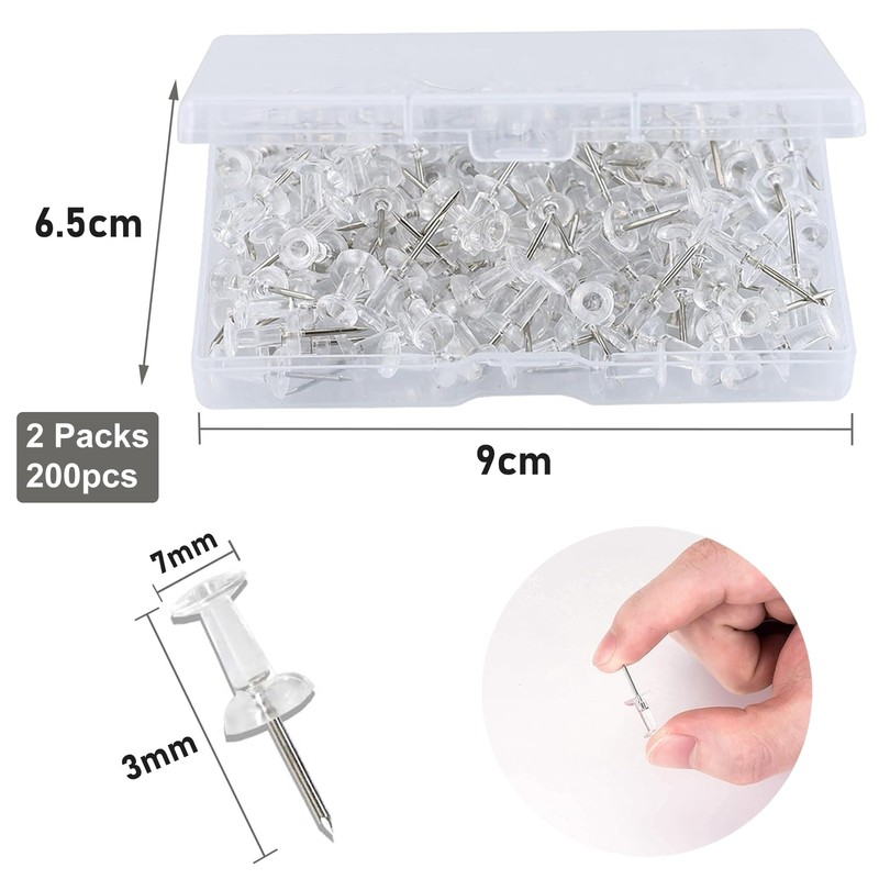 200pcs Transparent Push Pins, Plastic Head Drawing Poster Tacks Needle,