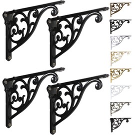 Shelf Brackets 8 Inch 4PCS Heavy Duty Matte Black Wall Bracket Baroque kitchen decorative rack shelves, including all hardware. (4, Black)