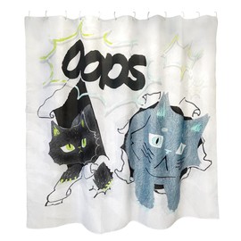 TOKYO ART Funny “Oops” Cat Shower Curtain – Quirky Cartoon Cats Breaking Through Wall, Waterproof & Durable, 71 x 71 inches (Oops!)