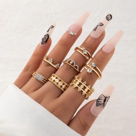 Wiwpar Goth Punk Gold Silver Rings Set for Teens Girls Women Boho Joint Finger Midi Rings Crystal Stacking Rings Pack for Gift Bar Party, Alloy,Gold