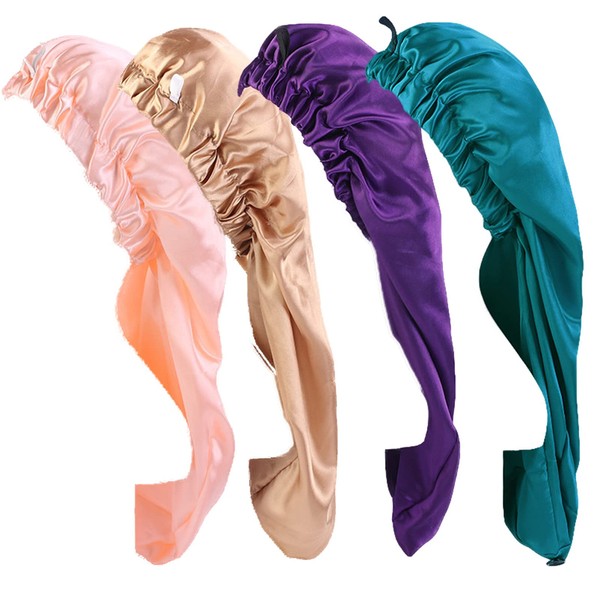 Qianmome 4 Pieces Women Long Elastic Satin Bonnet Sleeping Cap