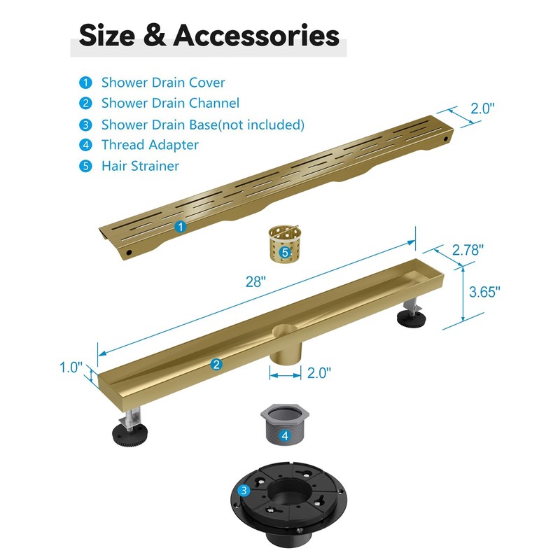 HTOH Brushed Gold Shower Drain 28 Inch, 304 Stainless Steel