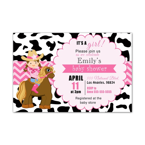 30 Invitations Pink Cowgirl Party Girl Birthday Baby Shower Personalized Cards Photo Paper