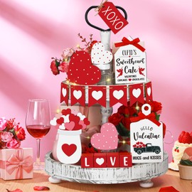 Pickmesh 21 Pcs Valentine's Day Tiered Tray Decor Set Wood Valentine's Day Table Decor with LED String Light Rustic Farmhouse Valentines Day Decorations Heart Wooden Tabletop Signs for Home(Lovely)