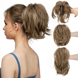 CJL HAIR Claw Clip Short Ponytail Hair Extensions DIY Bendable Metals Messy Bun Hair Piece for Wonen Straight Synthetic Fake Hairpieces Brunette/Ash Blonde