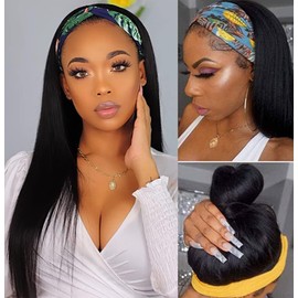 Emistar Yaki Straight Headband Wigs for Black Women Soft Synthetic Hair As Human Hair Wear And Go Glueless Half Wig Natural Black Wig with Headband Attached (#2, 20 Inch)