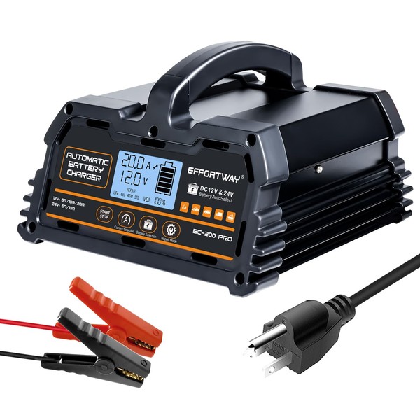EFFORTWAY 20A 12V/24V Battery Charger,Lead Acid Charger, 12V LiFePO4 Charger.