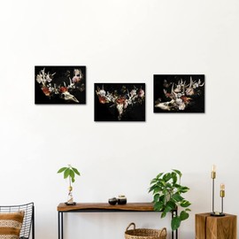 LevvArts Animal Skull Canvas Wall Art Deer Skull with Retro Flower Painting Prints Artwork Modern Fashion Woman Bedroom Western Home Decor (Small)