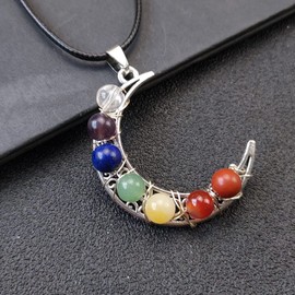 7 Chakra Crystal Healing Stone Crystal Moon Necklace,Wire Wrapped Healing Crystal Necklace Natural Resin Reiki Chakra Necklace for Women Creative Birthday Gift/Energy Gift (Round, Stainless Steel)