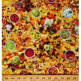 Cotton Loaded Nachos Supreme Tortilla Chips Salsa Guacamole Pico de Gallo Mexican Food in Queso Emergency Cotton Fabric Print by The Yard (FOOD-CD2214-MULTI)