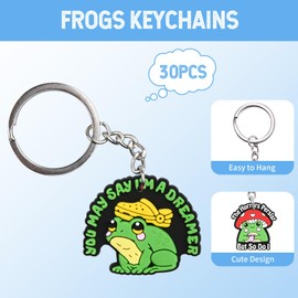 30Pcs Cute Frog Keychains Bulk,DIY Phrase Keychain Charms,Backpack Charms for Girls,Backpack Keychains Include Many Green Phrase Charm,PVC Key Ring,Prize Box for Classroom and Party Favors gifts