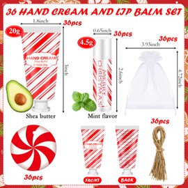 Heigble 144 Pcs Christmas Candy Cane Lip Balm Hand Cream Set Party Favors Including 36 Lip Balm 36 Moisturizing Hand Cream 36 Bags 36 Cards and Ropes for Xmas Accessories Gifts