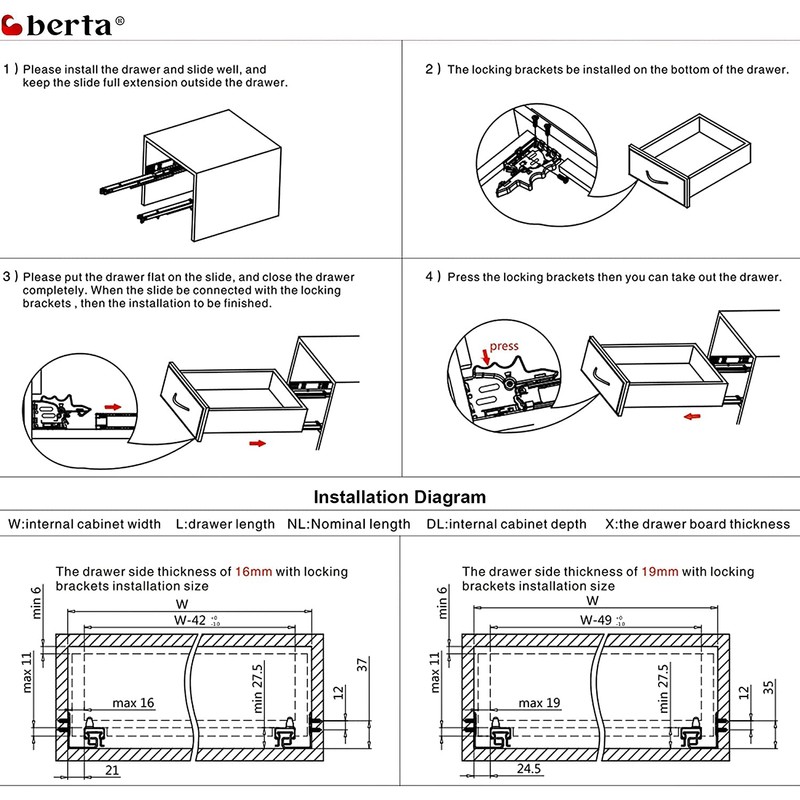 Berta (1 Pair) 21 Inch Soft Closing, 100 Lb Loading