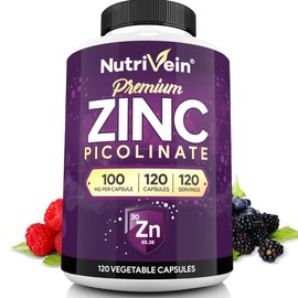 Nutrivein Premium Zinc Picolinate 100mg - 120 Capsules: High-Absorption Zinc Picolinate Supplements - Essential Nourishment for Overall Wellness - Max Bioavailability