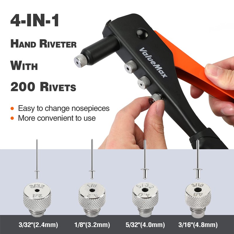 ValueMax 4-in-1 Hand Riveter/Rivet Gun, Pop Rivet Tool Kit with