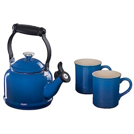Le Creuset Enamel On Steel Demi Kettle with Metal Finishes & Stoneware Set of 2 Mugs, 1.25 qt. Kettle & (2) 14 oz. Mugs, Marseille