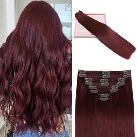 POGINJA Clip in Hair Extensions Real Human Hair, Red Wine Remy Human Hair Extensions Clip ins for Women, 100% Natural Human Hair, Double Weftm, 24inch 120g 8Pcs, #99J Burgundy