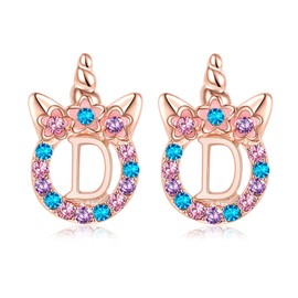 TRWWELL Cute Rose Gold Initial D Unicorn Hypoallergenic Stud Earrings Rhinestone Initial Letter Stud Earrings for Girls Unicorns Jewelry Gifts for Kids Toddler