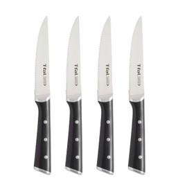 T-fal Ice Force German Stainless Steel Steak Knife Set 4 Piece, Long Lasting Sharpness, High Cutting Precision, Superior Durability, Ultra Sharp Blades, Cookware Kitchen Knife, Cook Tool, BBQ, Black‌