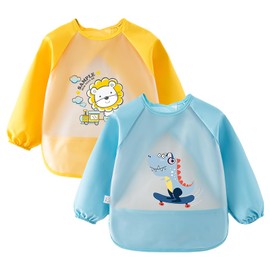 Lvjkes Bibs with Sleeves, Sleeve Bibs Baby, 2 Pack Waterproof Baby Bibs with Long Sleeves and a Food Catcher Pocket for Toddlers from 2-4 Years, Blue and Green, blue and yellow