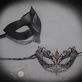 Unbranded Couples Black Minimalist and Red Extravagant Costume Party Masquerade Mask Set