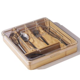 wobivcs Kitchen Drawer Organizer, 13 Inch Silverware Utensil Tray Holder,with Removable Lid, 5 Slots Total Bamboo Wood Caddy for Flatware Cutlery Knives, Forks, Spoons.