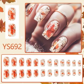 Fall Square Press on Nails Short Medium Fake Nails Maple Leaf False Nails with Design Glossy Acrylic Nail Press ons Reusable Stick on Nail Autumn Thanksgiving for Women 24Pcs