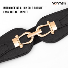 VONMELLI Wide Elastic Belts for Women Stretch Ladies Waist Belt Fashion Gold Buckle, Vintage Thick Black Womens Belts for Dress, L