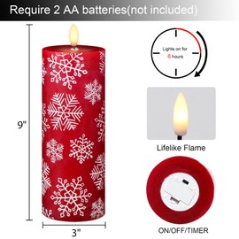 Lasumora Embossed Snowflakes LED Pillar Christmas Candle with 6h Timer, Flat Top 3D Flame LED Pillar Candle, Unscented Real Wax LED Battery Operated Candle Light Flameless Candle Home Décor (3" x 9")