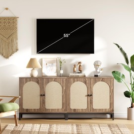 GarveeHome Buffet Cabinet with Storage, Kitchen Storage Cabinet with Rattan Doors, Accent Cabinet with Adjustable Shelves, Sideboard Cabinet Cupboard Console Table for Living Room, Black