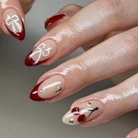 French Tip Press on Nails Almond Short Fake Nails Press ons Red Acrylic Nails Press on False Nails Artificial Nails with Designs Stick on Nails for Women 24pcs