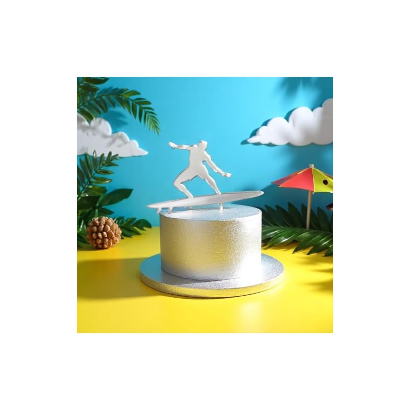Tortenaufsatz Surfer-Silhouette, silberfarben, spiegelnd, 10 x 8 cm
