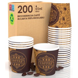 Eurocali 200 Espresso Paper Cups 65 ml Biodegradable Coffee Disposable Cups - Ecological Design PubCUP - Small Size for Italian Espresso for Hot Drinks