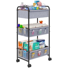 3-Tier Baby Diaper Caddy Cart Organizer with 2 Dividers & 14 Mesh Pockets - Black Mobile Nursery Storage Cart with Wheels, Durable Metal Utility Cart for Nursery, Bedroom, Baby Essentials Organization