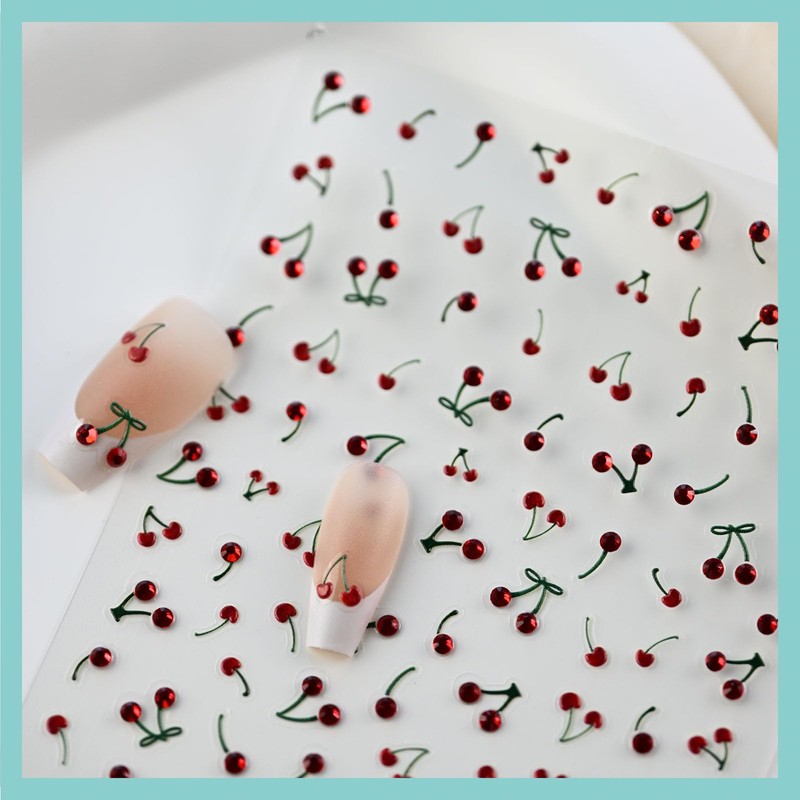 CESTSIREN Cherry Rhinestone Nail Art Stickers,Embossed Cute Nail Decals, Self-Adhesive,
