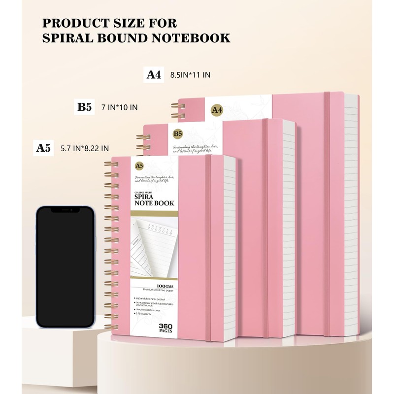 Pink Spiral Notebook Journal,360 Pages College Ruled Notebook, Lined Thick
