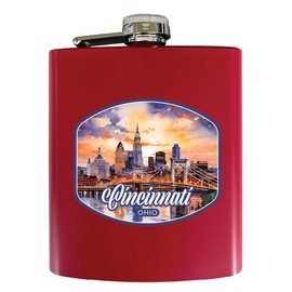R and R Imports Cincinnati Ohio Watercolor Sunset Design Souvenir 7 oz Steel Flask Matte Finish Red 4-Pack