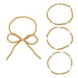 4pcs Gold Bow Bracelets for Women, Gold Beaded and Pearl Bracelet Stack Stretch Bead Ball Bracelet Set Trendy Adjustable Stackable Bracelets Jewelry for Women Gifts