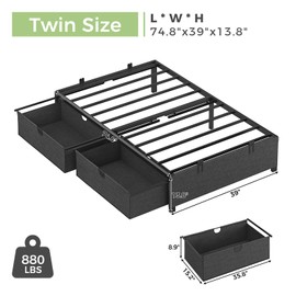 HAUOMS Twin Size Bed Frame with 2 Large Storage Drawers, Platform Bed with Drawers, Heavy Metal Slats Support, No Box Spring Needed, Noise Free, Easy Assembly, Dark Grey