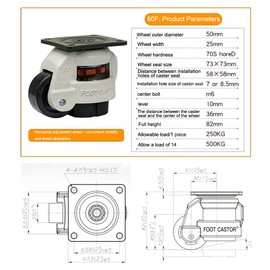 4 Pcs 60F Leveling Machine Caster with Nylon Wheel and Rubber Foot,Plate Mounted Retractable Workbench Caster,360 Degree Swivel Industrial Plate Caster Wheel for Machine,Heavy Equipment