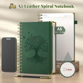 Notebook A5 Lined, Hardcover Leather Spiral Journal with Pen, 240 Pages 100gsm Thick Paper, College Ruled Journal Notebook for Women Men Writing School Office 14.5 x 21 cm Dark Green