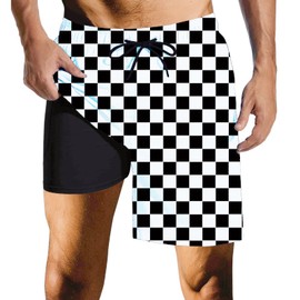 Black and White Checkerboard Mens Swim Trunks with Compression Liner Quick Dry Zipper Pocket Bathing Suit for Beach Summer Xx-Large