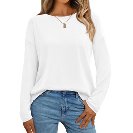 AUTOMET Womens Long Sleeve Shirts Fall Tops 2024 Loose Fitted Crewneck Basic Casual Dressy Outfits Trendy Clothes White L