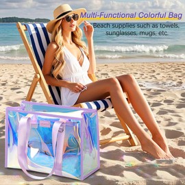DSDCDJ Beach Bags for Women, Iridescent Beach Tote Bag with Makeup Bag & Phone Pouch - Waterproof, Tip-Proof, Foldable, Washable - Clear Bag for Pool, Travel, Vacation, Parties, Stadium Events