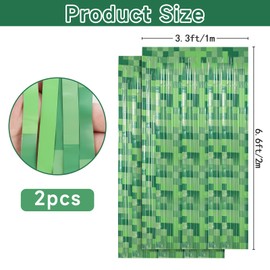 ADARRO 2 Pack Pixel Foil Curtain Backdrop 3.2x6.6 ft, Green Metallic Fringe Streamers, Video Game Theme Party Decorations,