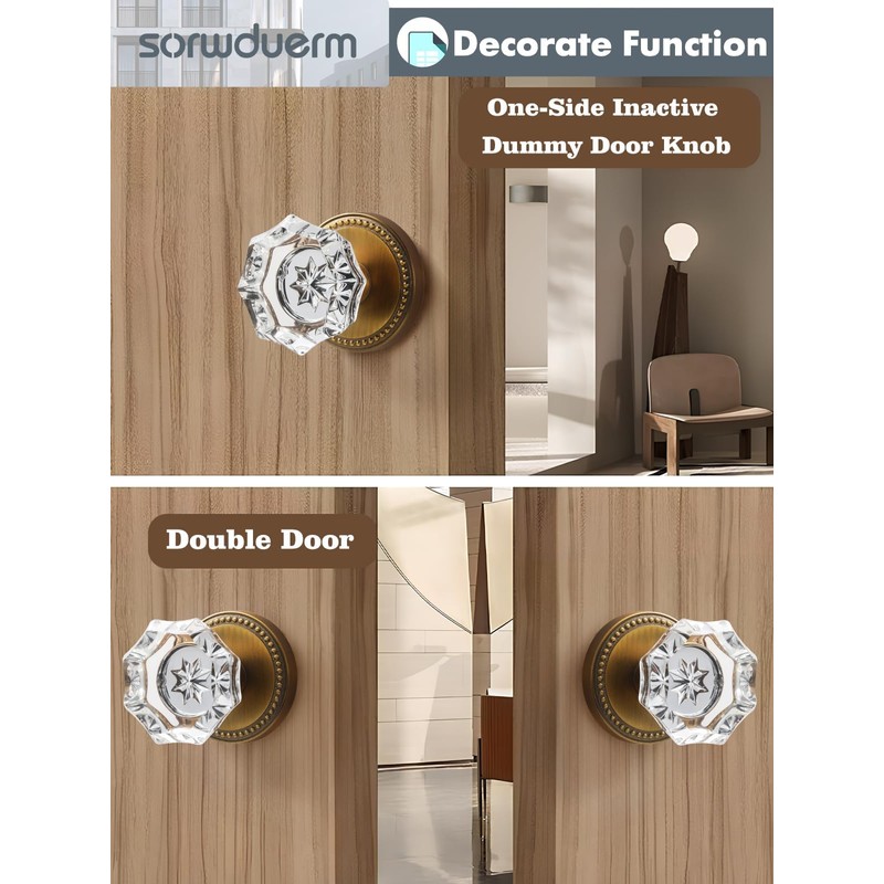 SORWDUERM Antique Brass Door Knobs Crystal Door Knob Dummy Door