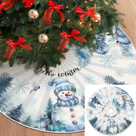 Foilswirl 48 Inch Christmas Tree Skirt Winter Snowman Joy Snowflake Christmas Xmas Tree Collar White Fluffy Tree Mat for Winter Holiday Snowy Home Decoration Indoor Farmhouse Decor (White, Fresh)