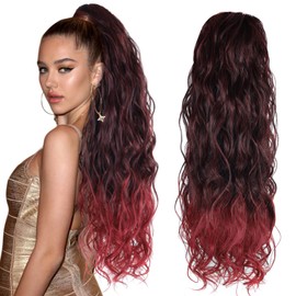BHF HAIR Red Long Curly Ponytail Extension 26 Inch Drawstring Ponytail Black Clip in wavy Drawstring in Hair Extensions Synthetic long Ponytail for Women(Red Bug 6OZ)