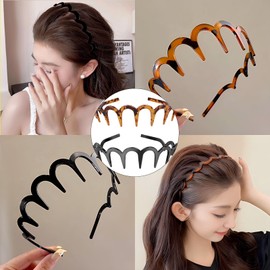 Pack of 2 Zigzag Headband, Shark Tooth Hair Comb, Hard Headbands, Plastic Zigzag Headbands, Wavy Hair Comb Headband for Girls, Women, Men (Leopard Brown and Black)